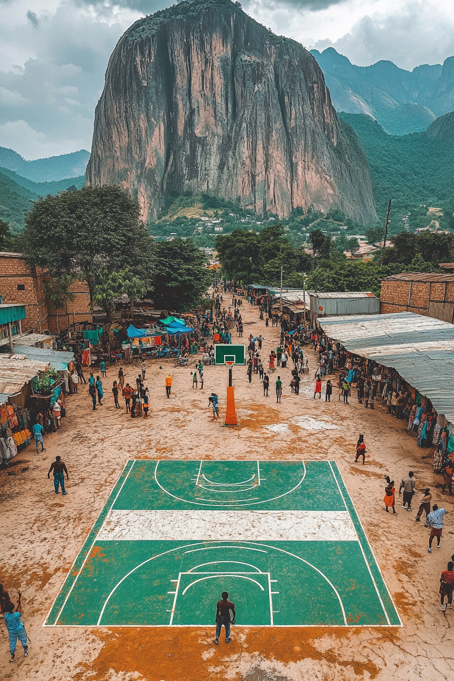 Vibrant Nigerian basketball scene with flag backdrop, natural beauty.