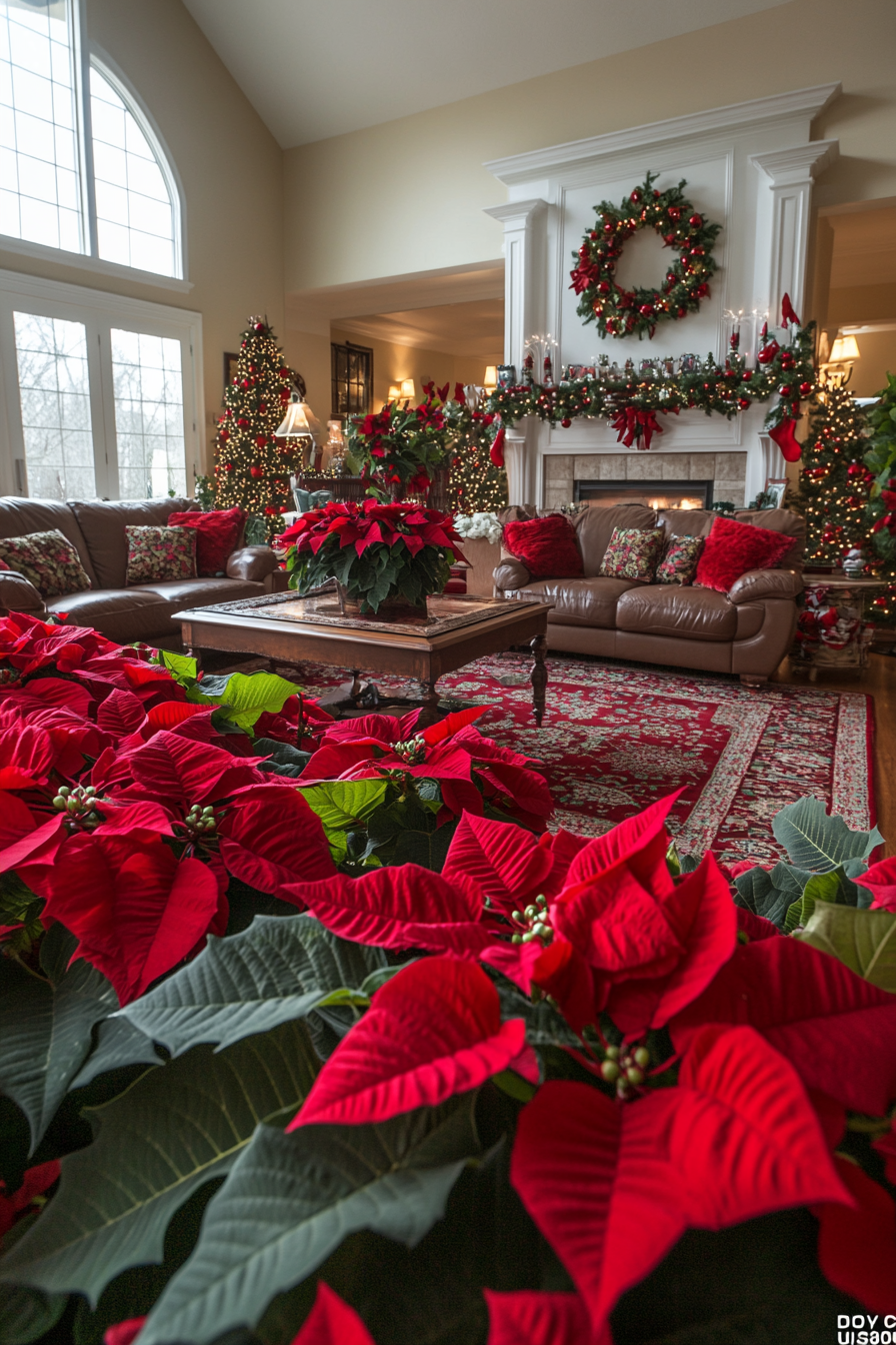 Vibrant Poinsettias Brighten Festive Christmas Living Room