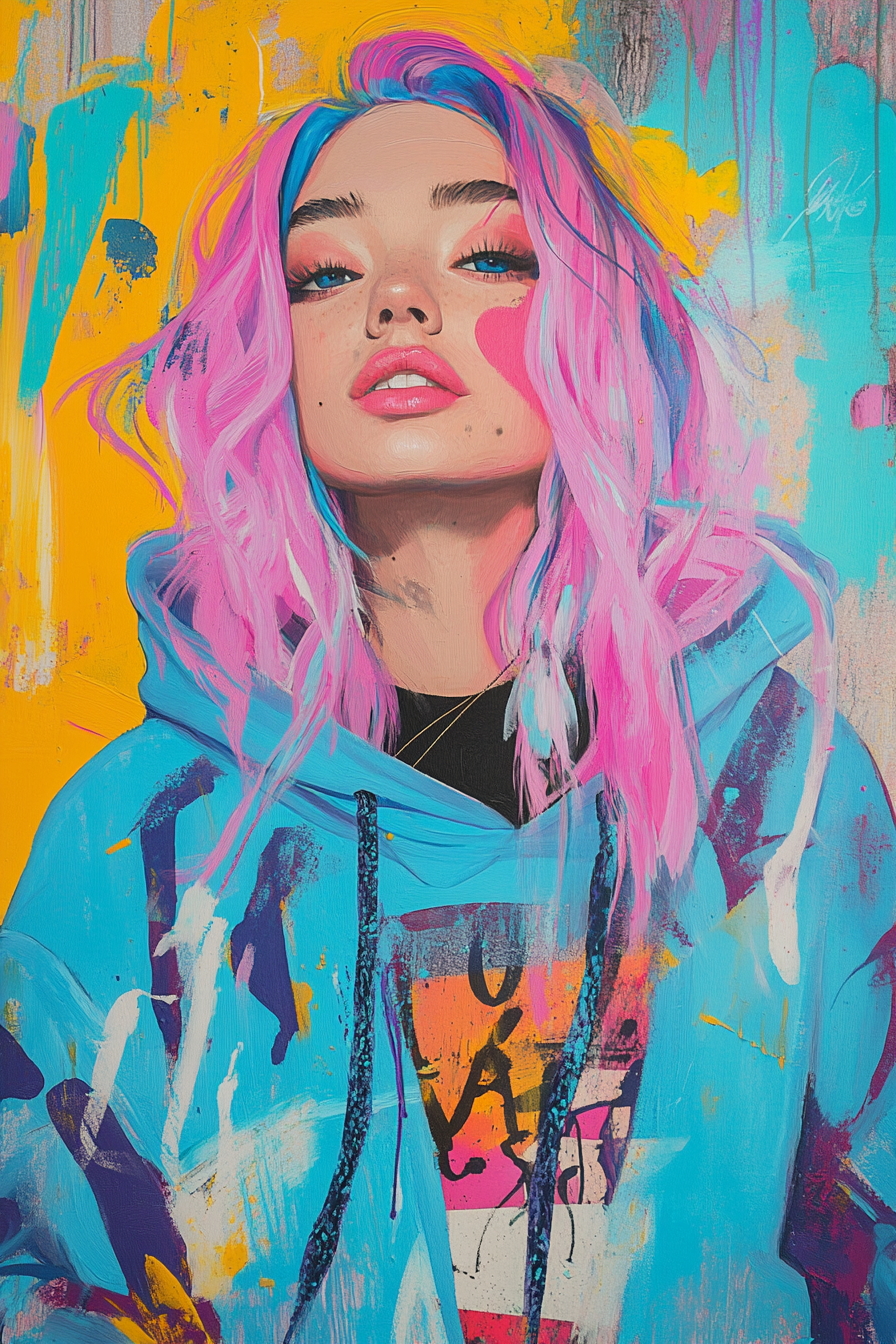 Vibrant Pop-Art Portrait of Neon-Haired, Stylish Young Woman