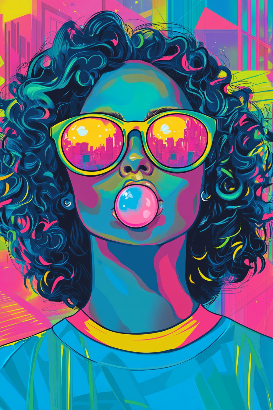 Vibrant Pop Art Style Poster: Confident Woman Bubble Gum