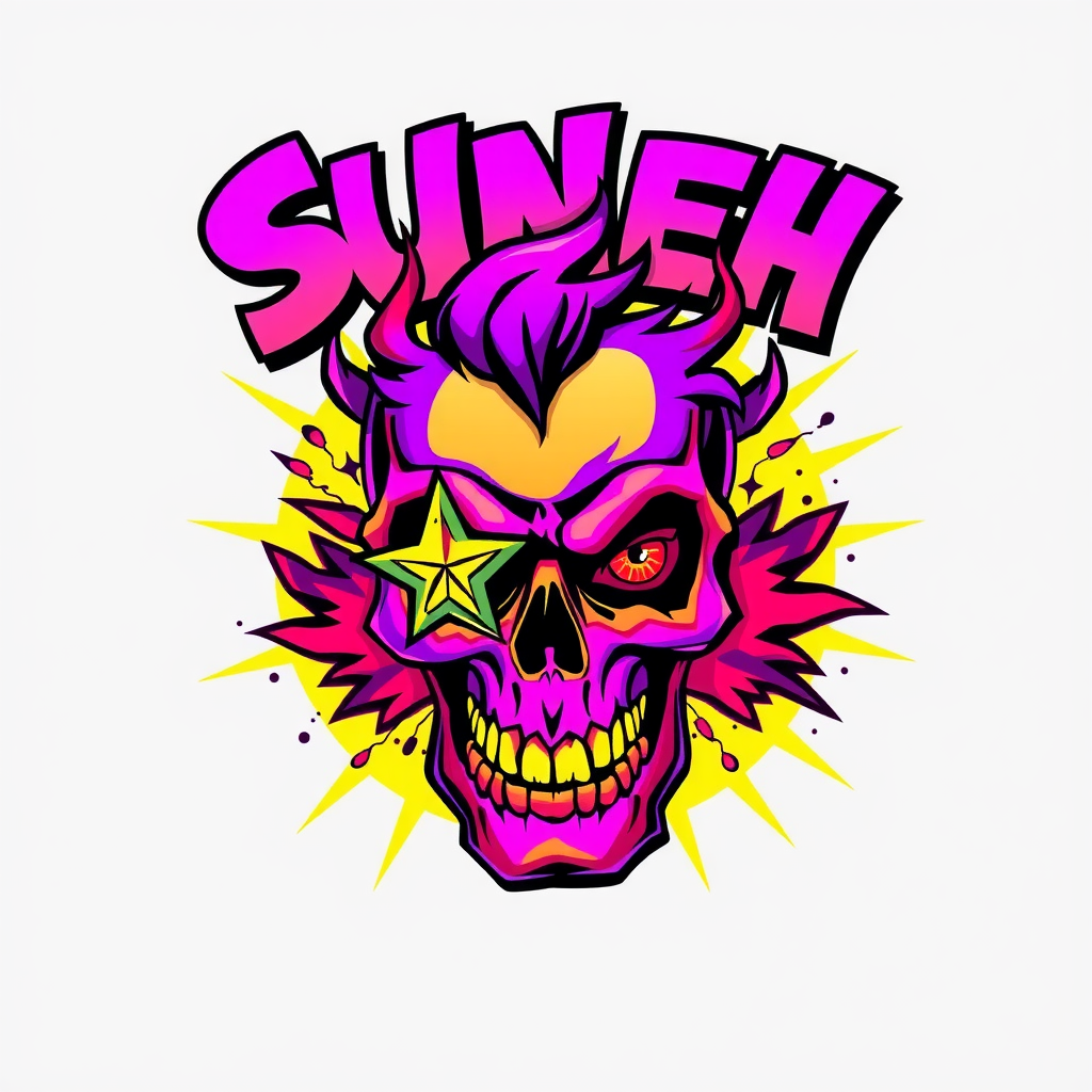 Vibrant Skull Streetwear Graphic with Graffiti Text