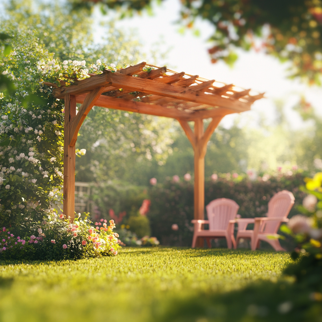 Vibrant Spring Garden Pergola Scene outdoors nature wood structures