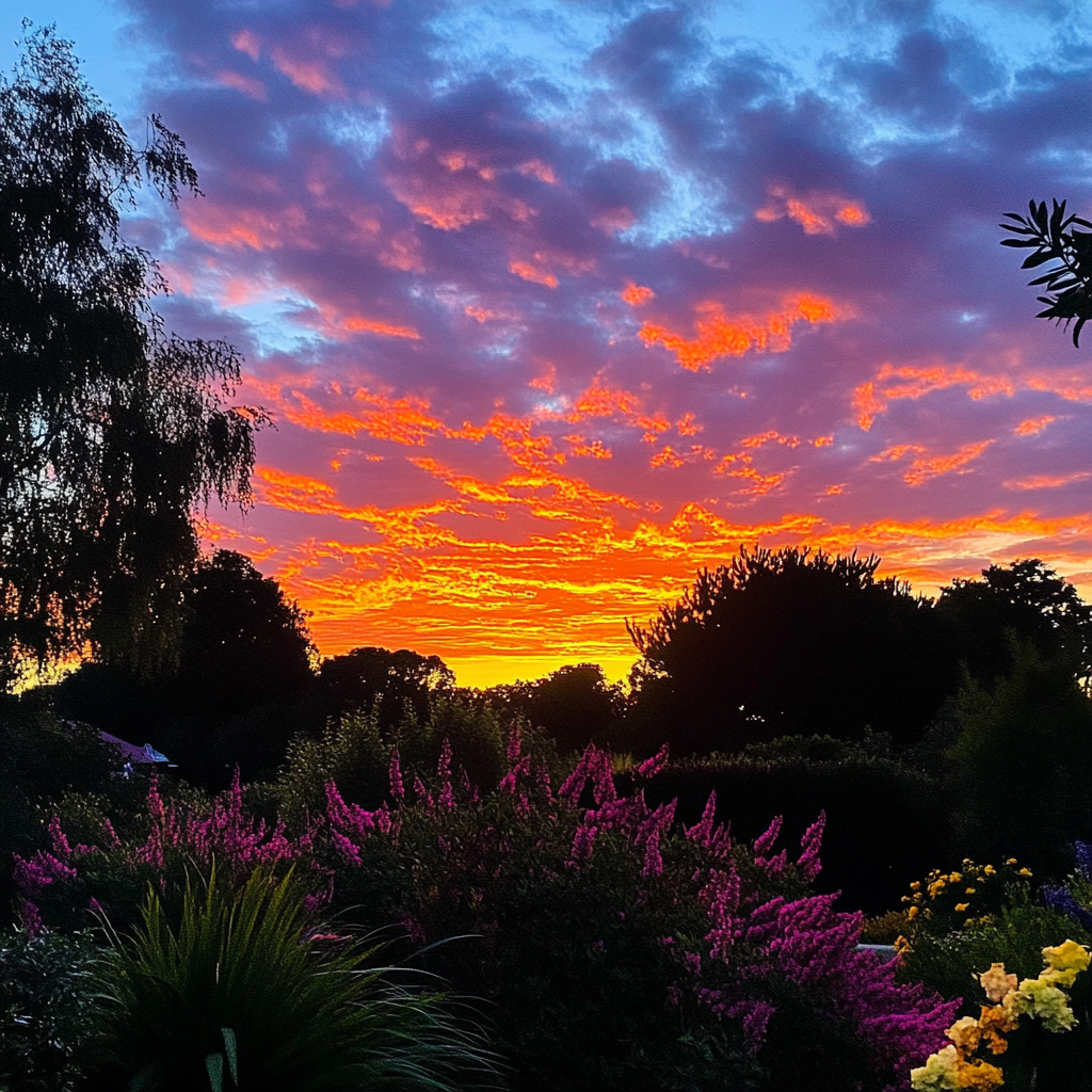 Vibrant Sunset Landscape with Silhouettes of Flowers and Trees