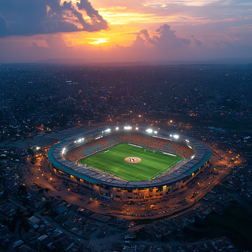 Vibrant Tanzania Football Stadium Glowing in Evening Light