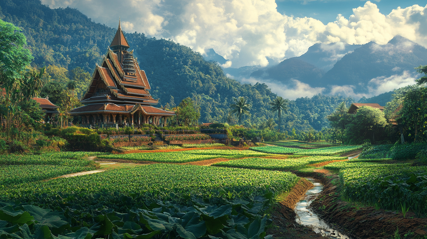 Vibrant Thai-style landscape with green fields and plantations 