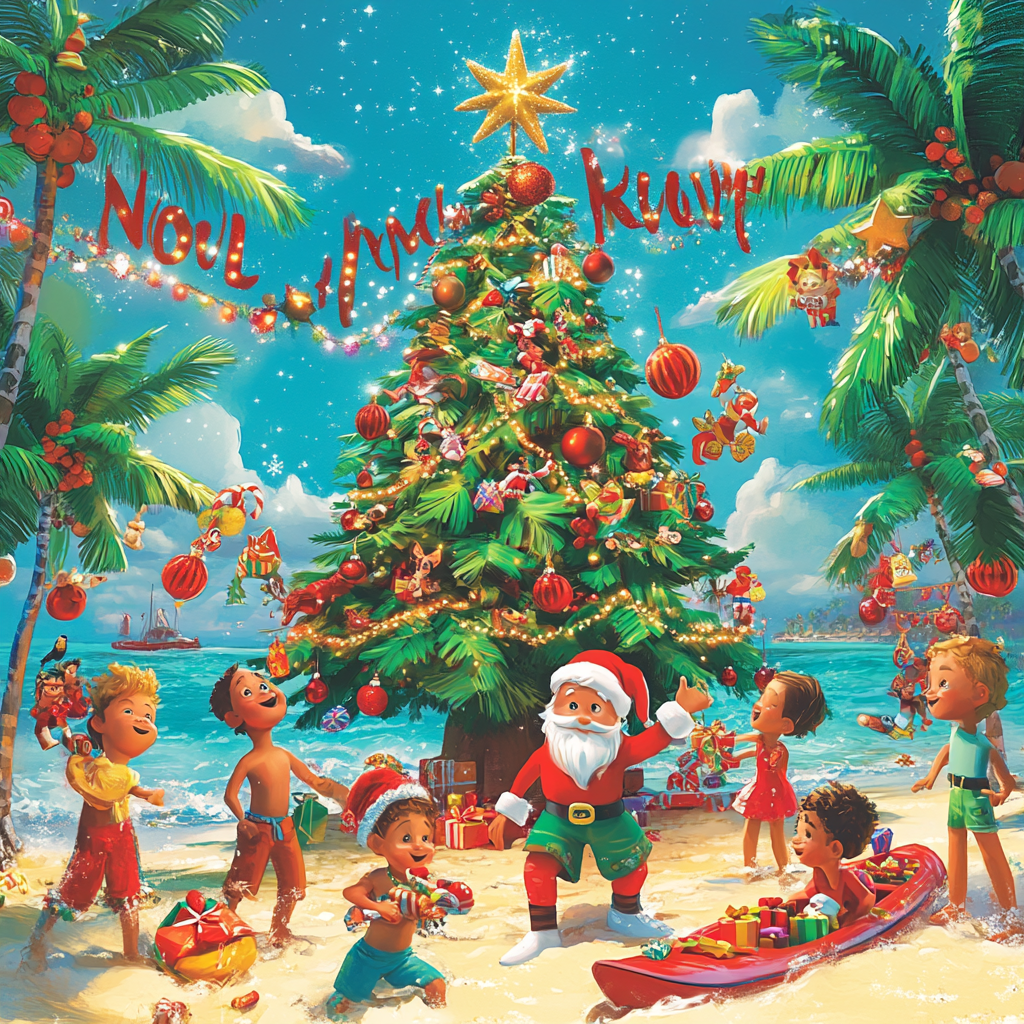 Vibrant Tropical Christmas Beach Scene for Children - Pixar Style