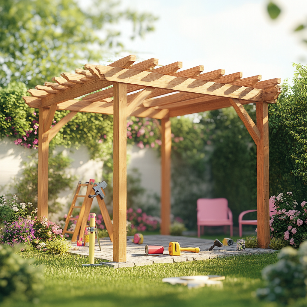 Vibrant Wooden Garden Pergola in Spring Backyard 