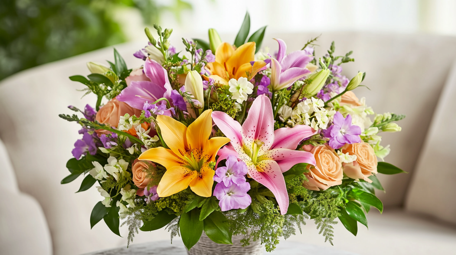 Vibrant birthday bouquet with roses and lilies