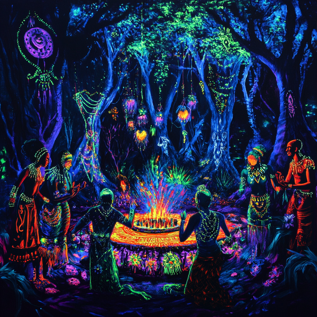 Vibrant black light painting of West African Voodoo ceremony.