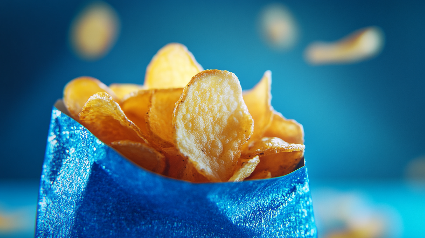 Vibrant blue FuegoStix chip bag with spicy chips.