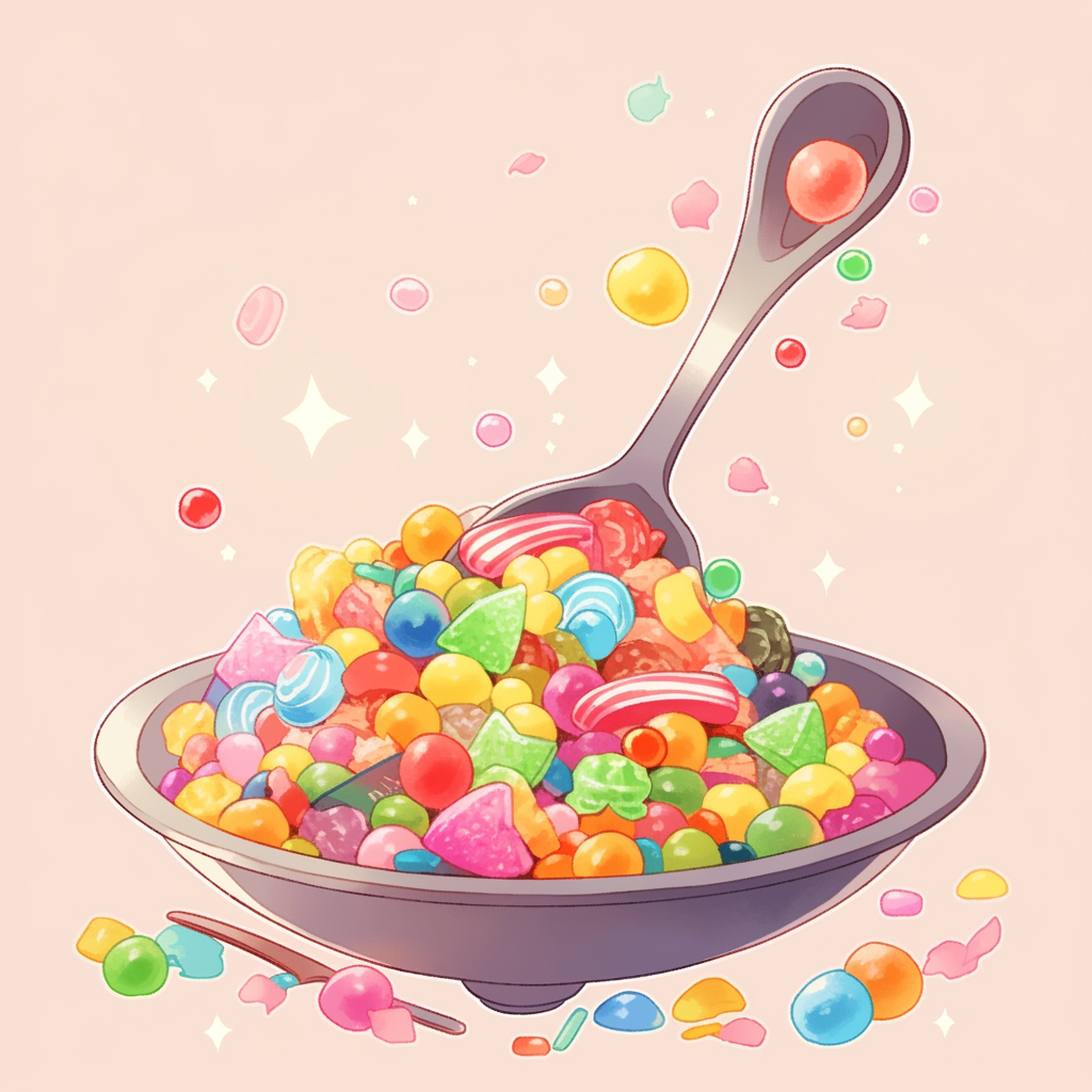 Vibrant candy scoop lifting colorful sweets, kawaii background.