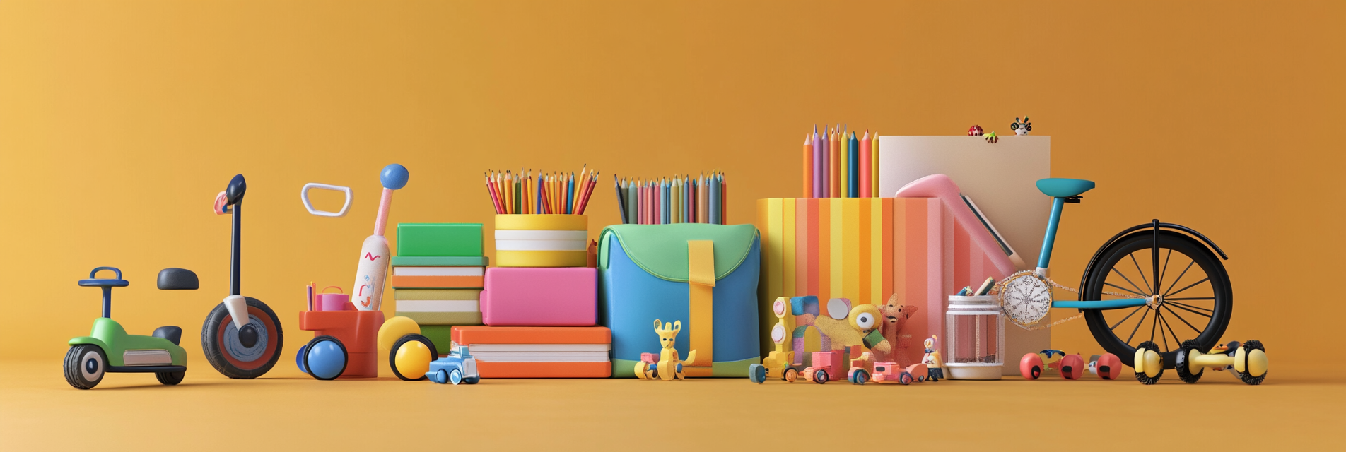 Vibrant children's store products bundle on orange.