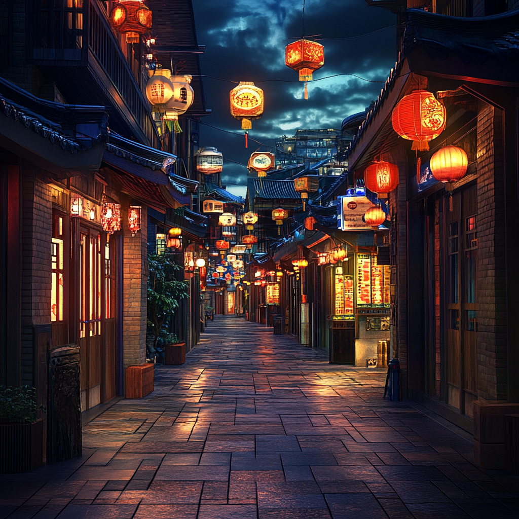 Vibrant downtown back alley with Asian-style awning lanterns.