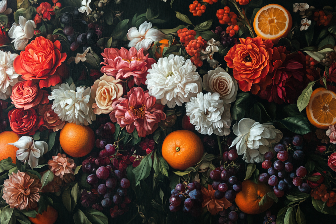 Vibrant flowers, fruits against dark background in mural. Luxurious.