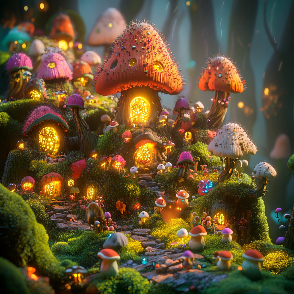 Vibrant forest village with glowing mushrooms and fluffly creatures.