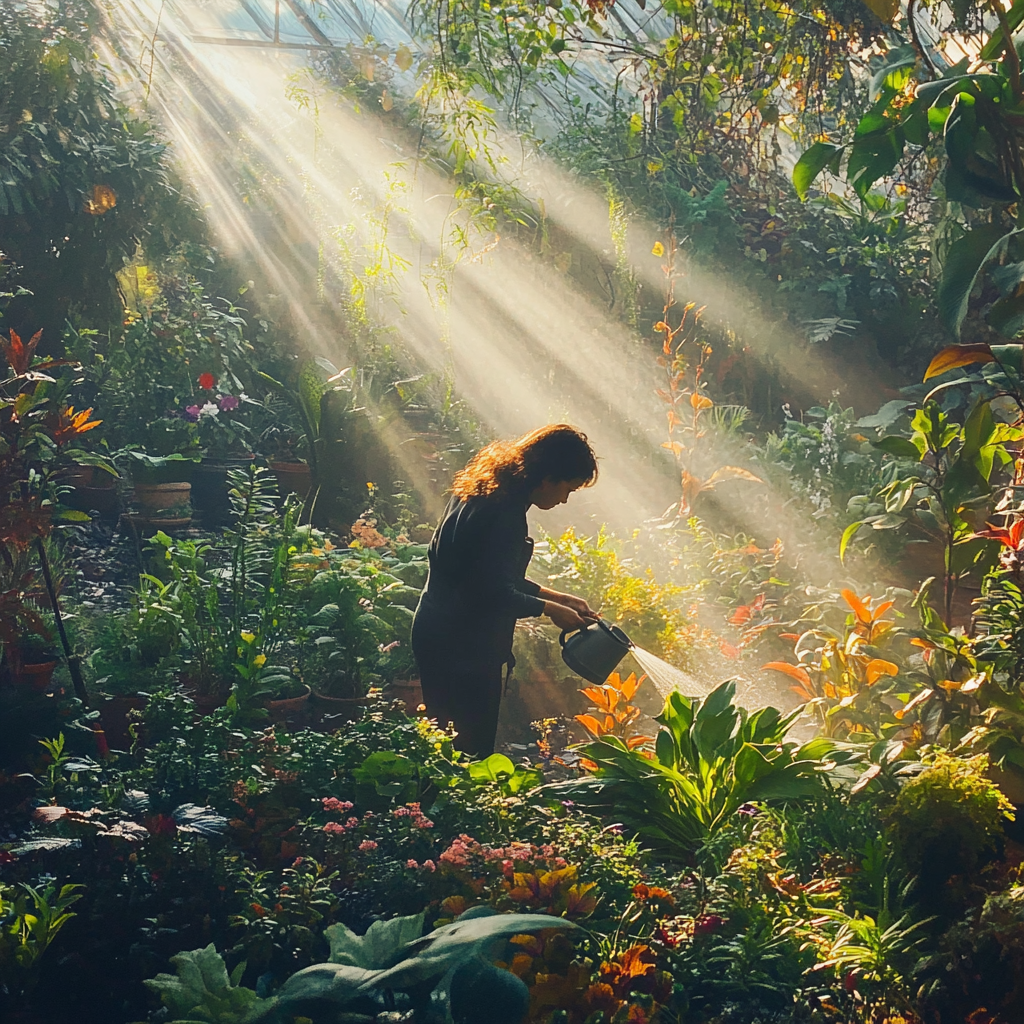 Vibrant garden, gardener watering plants, morning sunlight