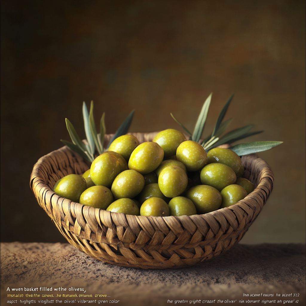 Vibrant green Iranian olives in woven basket