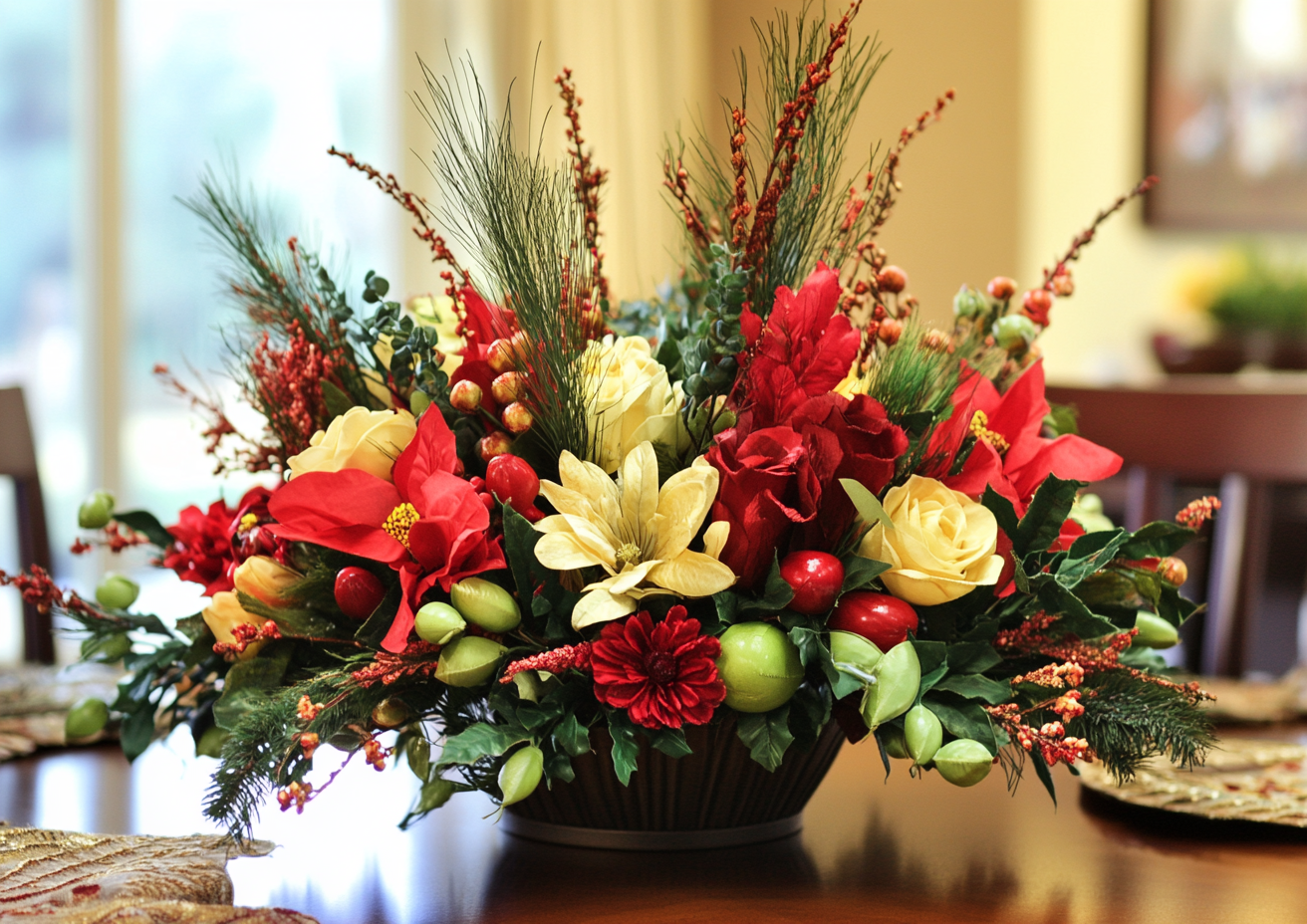 Vibrant holiday flower bouquets with natural branches.