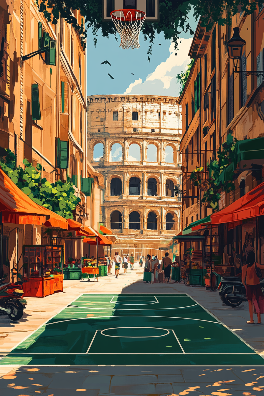 Vibrant illustration of Italian street scene with basketball court.