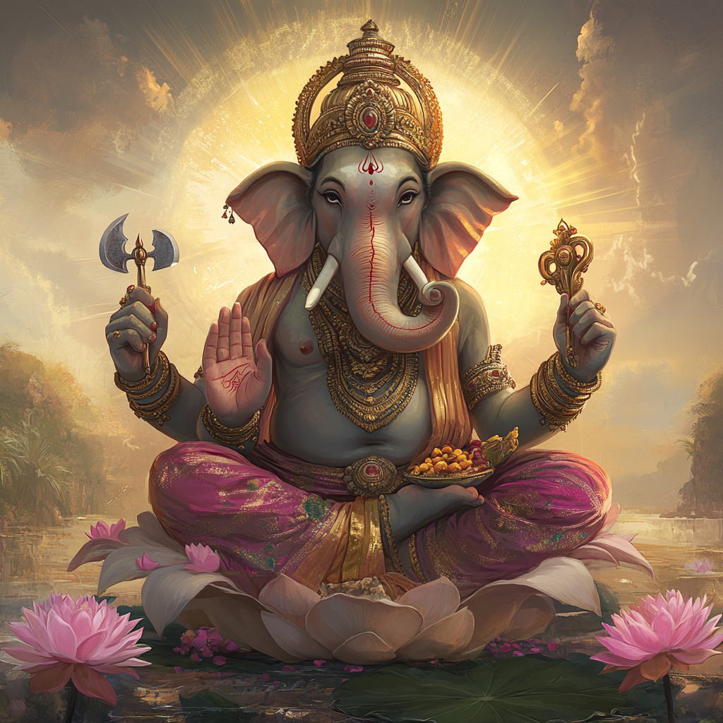 Vibrant image of Lord Ganesh seated on lotus, adorned.