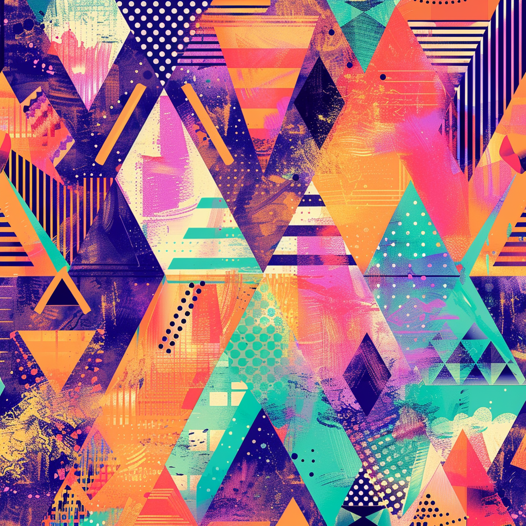 Vibrant kaleidoscopic Memphis-style illustration with dynamic textures.