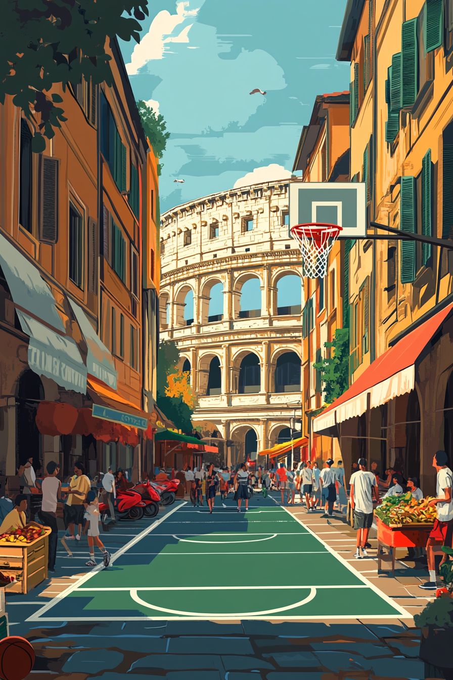 Vibrant minimalist realism style illustration of an Italian scene.