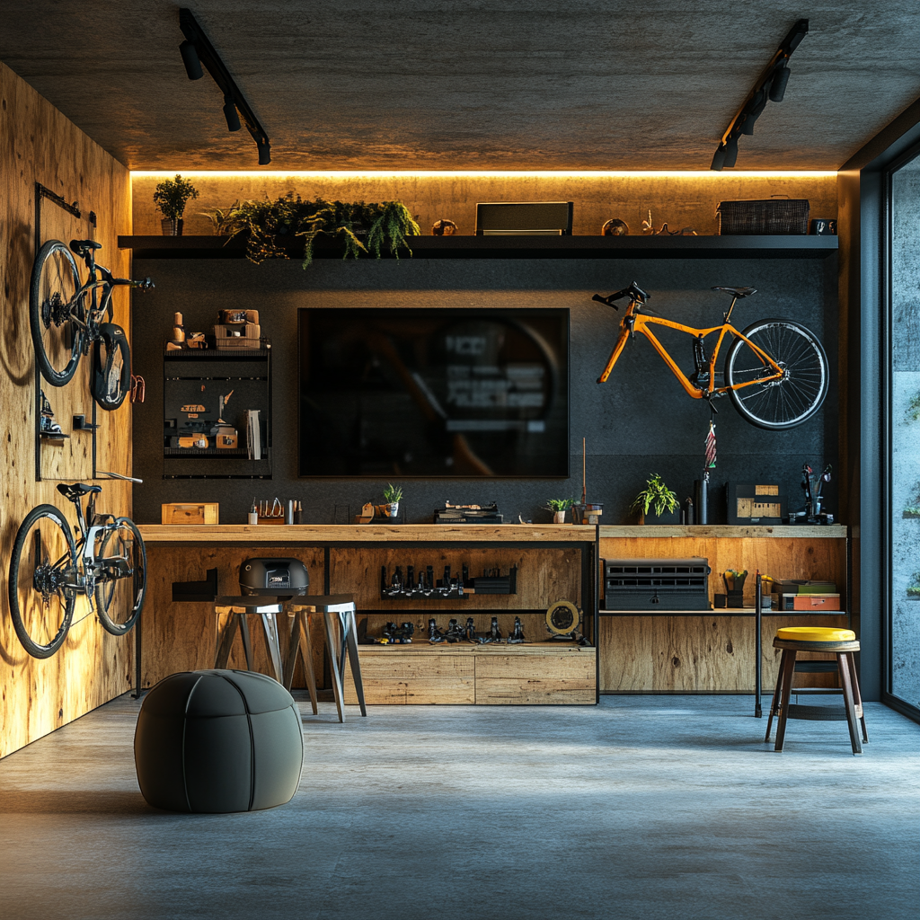 Vibrant modern Triathlon training TV set with bike workshop.