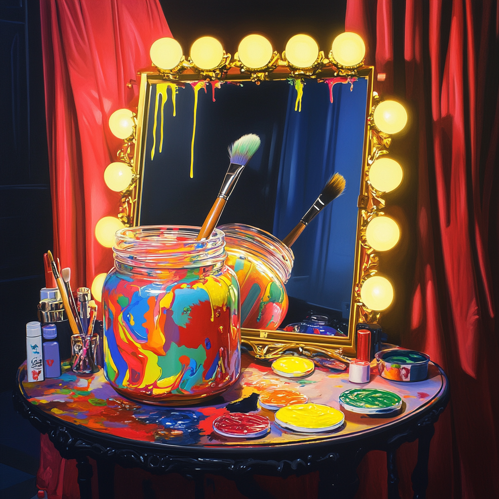 Vibrant paint jar admires itself in glamorous mirror.