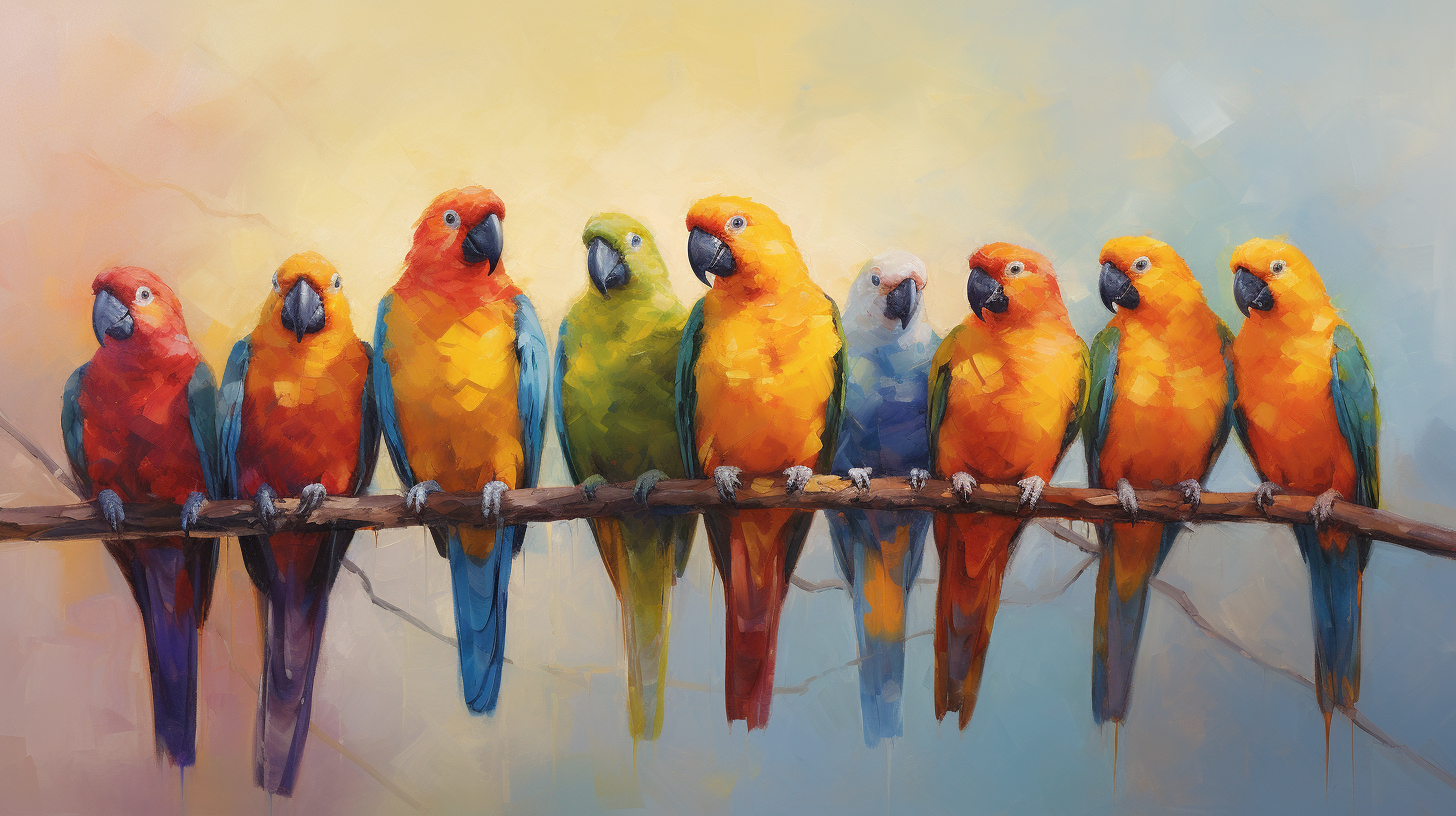 Vibrant parrots in bold oil painting on branch branch