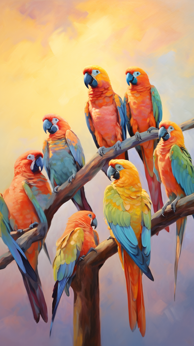 Vibrant parrots in orange, green, blue, purple, yellow - dynamic.