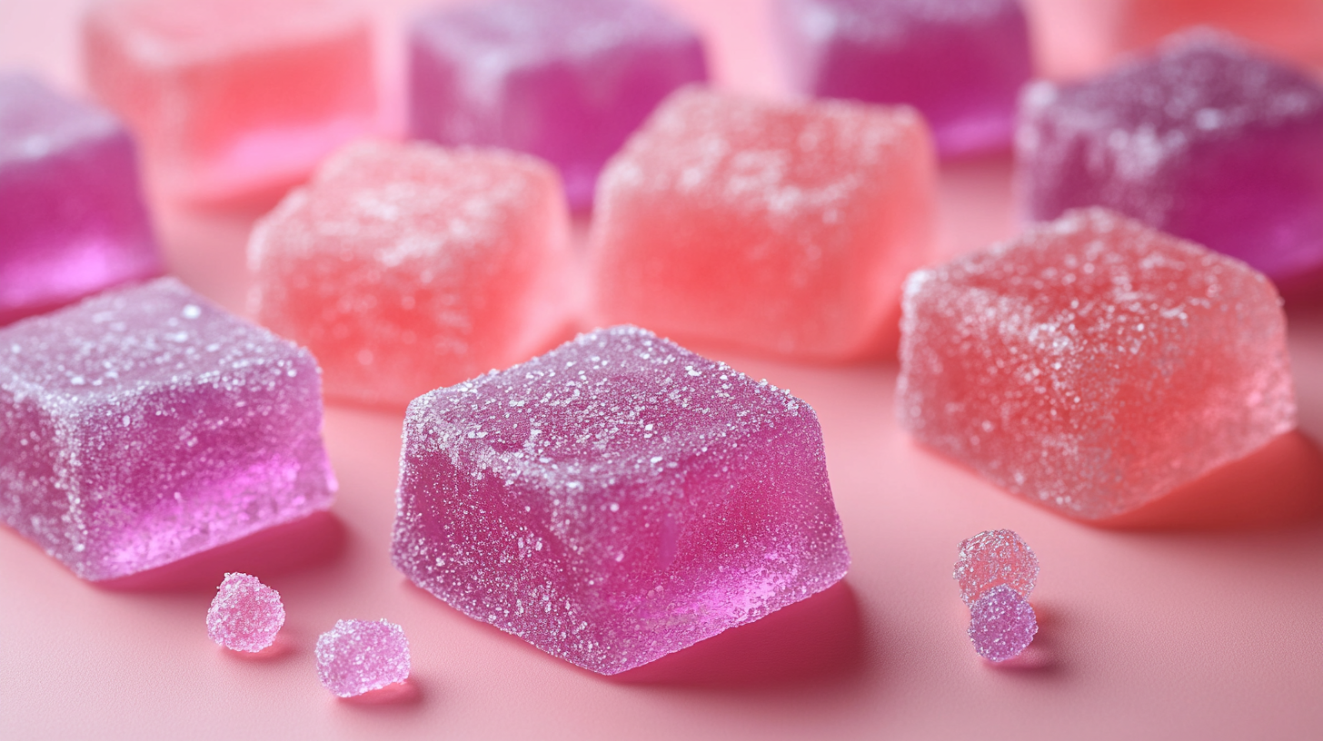 Vibrant pink and lavender sugar gummy candies.