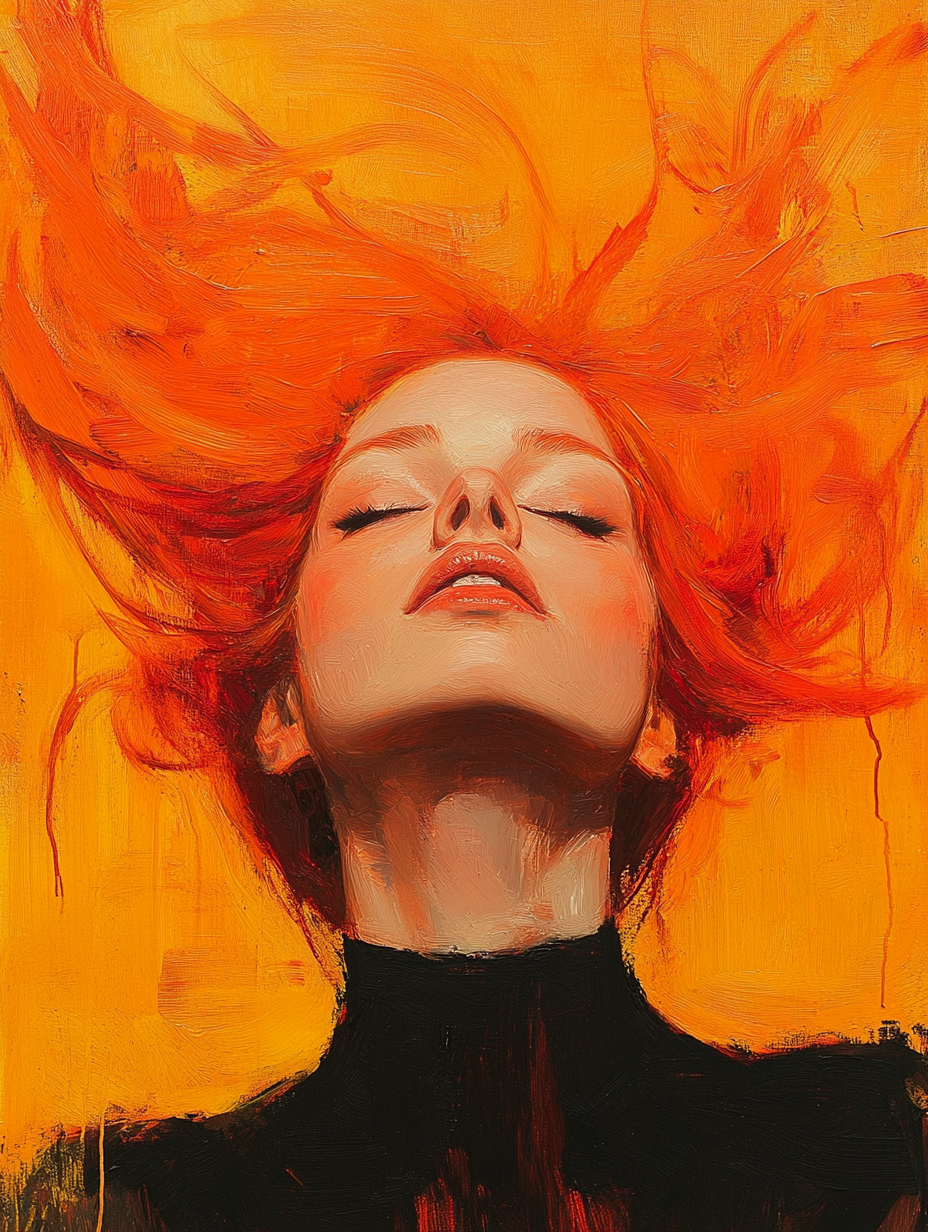 Vibrant portrait of fiery-haired woman with wind-blown hair