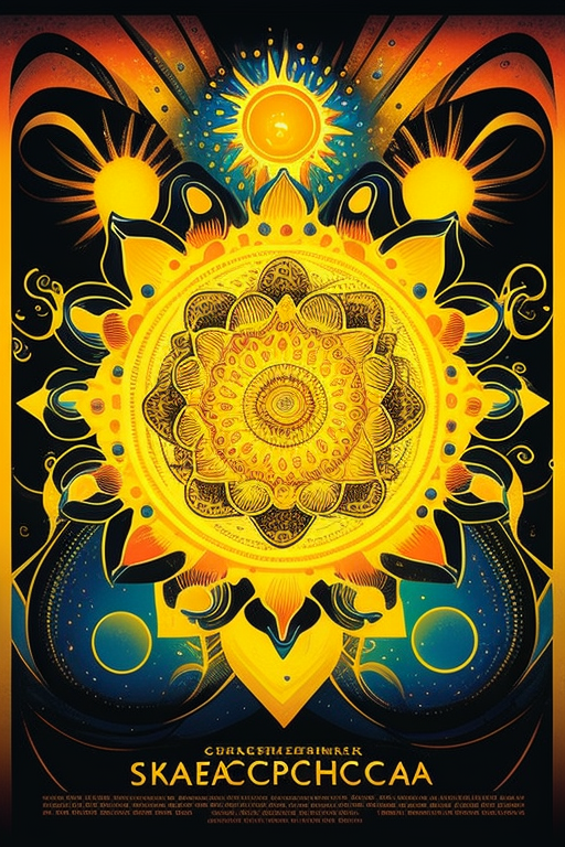 Vibrant poster for ceremony with ayahuasca, chakra power.