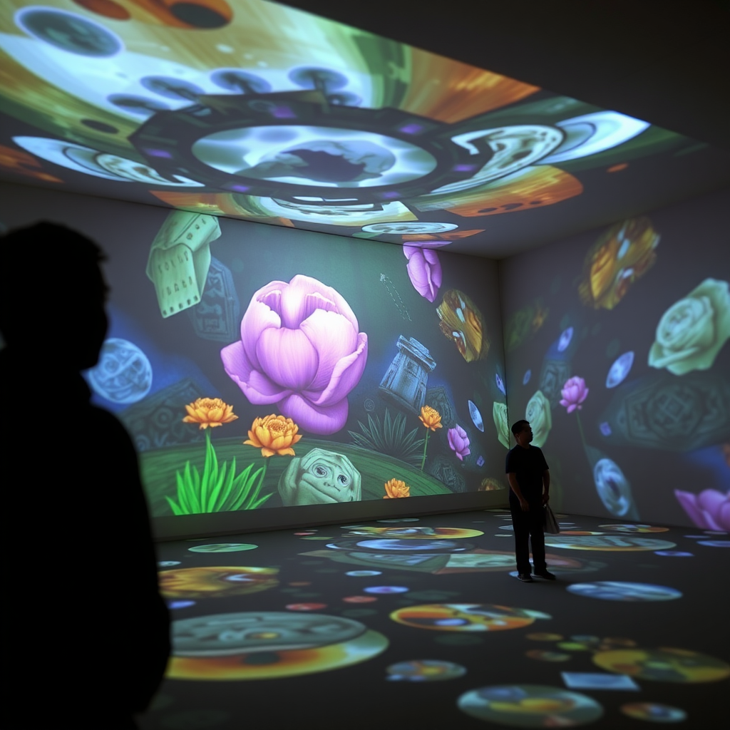 Vibrant projection mapping creates colorful artwork.