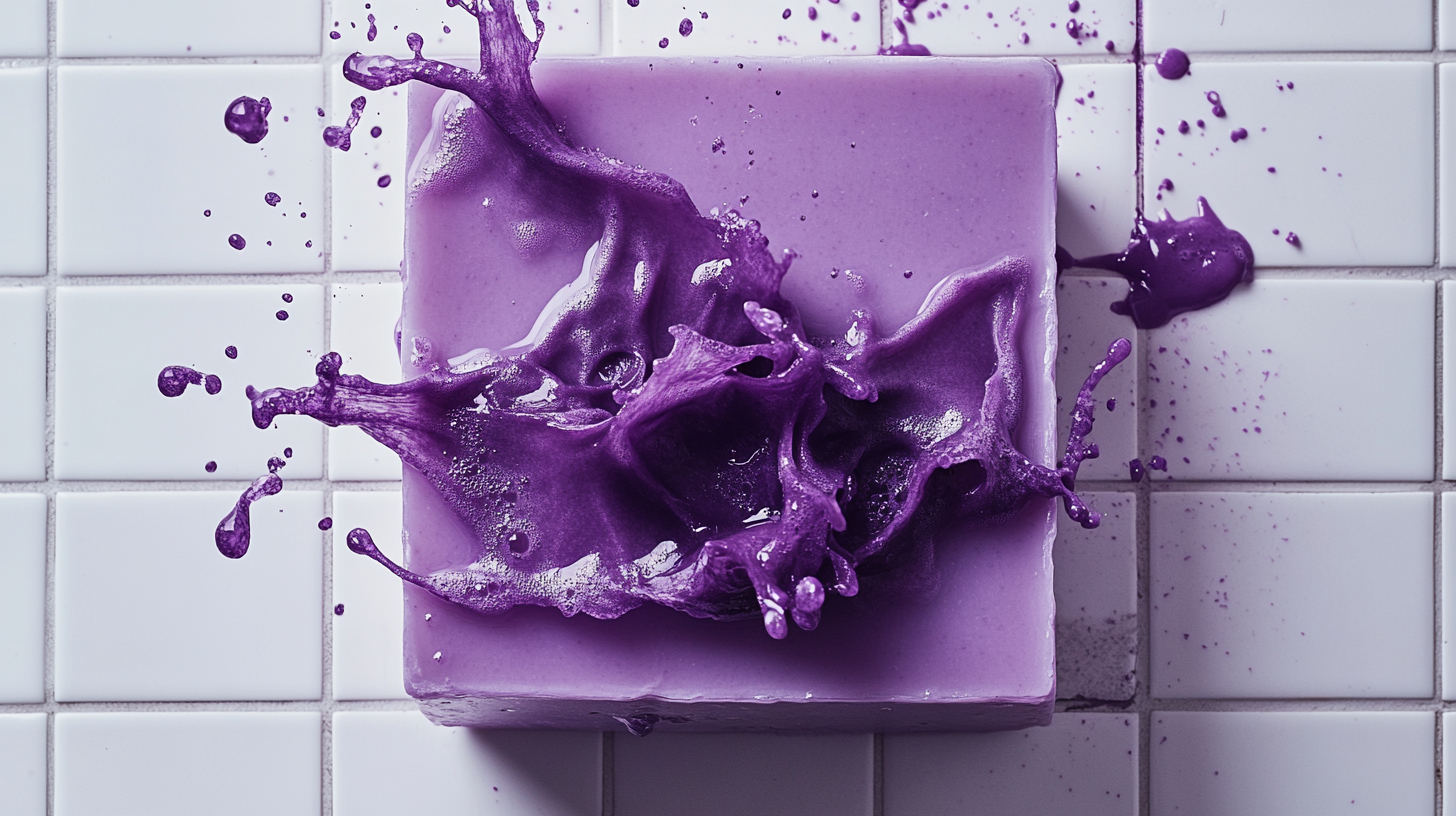 Vibrant purple soap with colorful water gushing out.