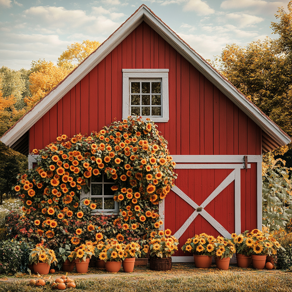 Vibrant red barn with apples and sunflowers, realistic photo.