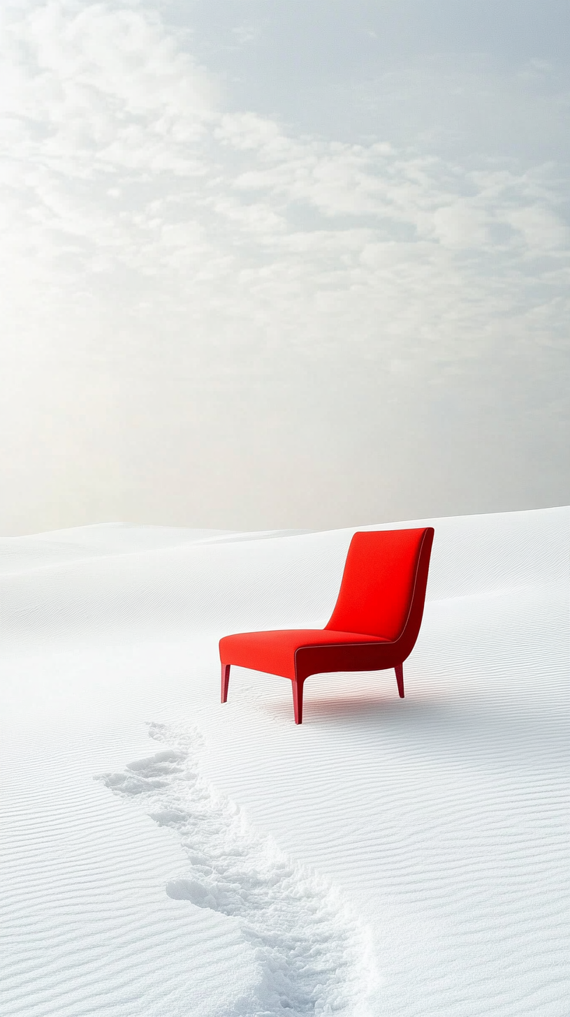 Vibrant red chair stands alone in serene desert setting.