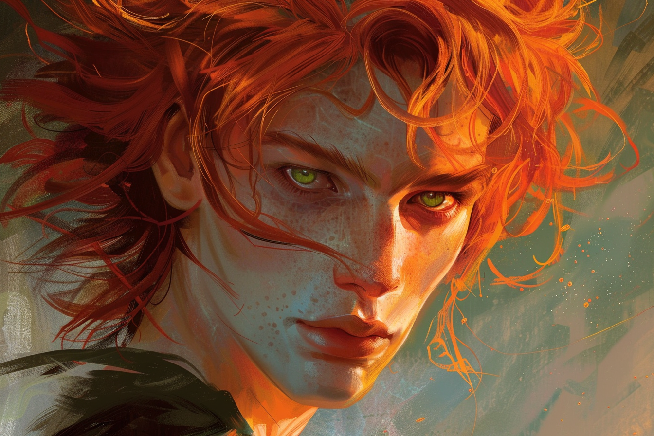 Vibrant red-haired Kvothe with intense green eyes portrait.