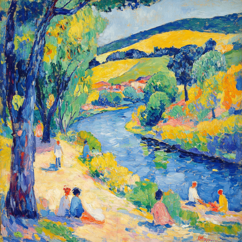 Vibrant riverside scene inspired by Fauvist art.