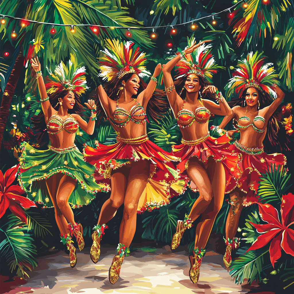 Vibrant samba dancers in festive Christmas scene.