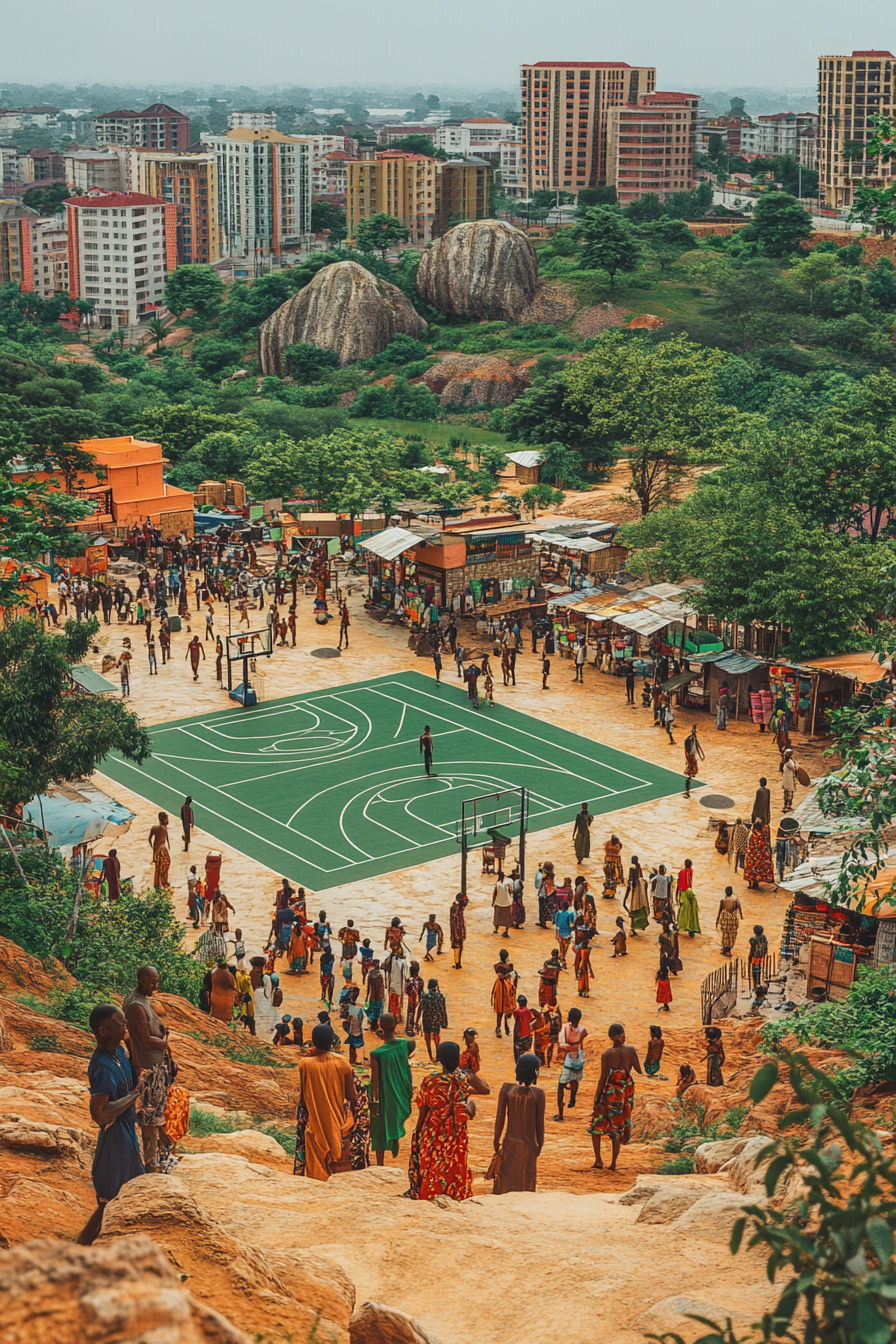 Vibrant scene in Abuja with a Nigerian basketball court.