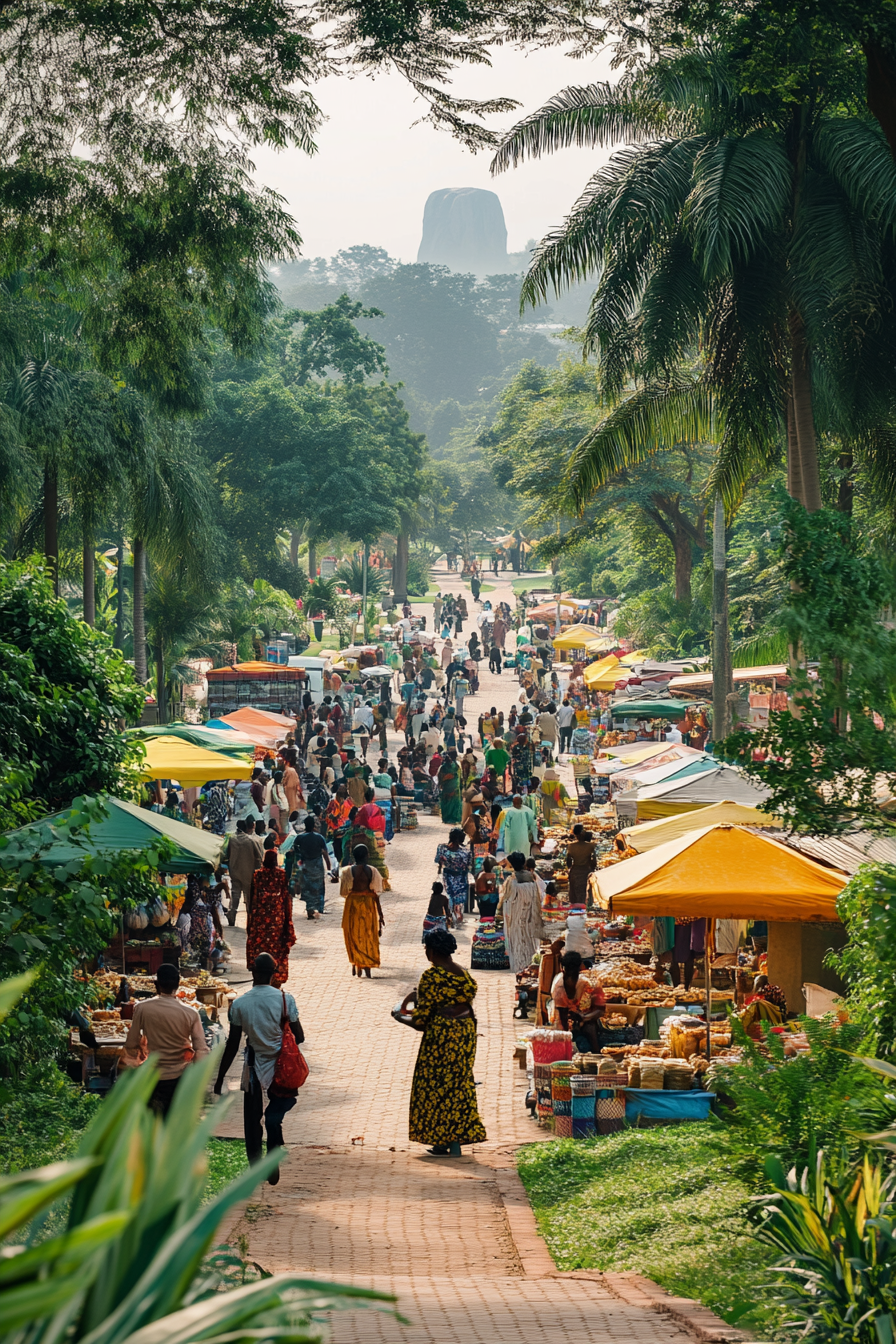 Vibrant scene in Abuja with locals in traditional clothes.