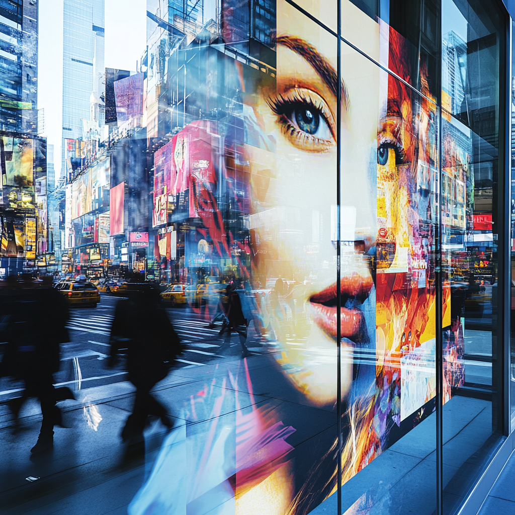 Vibrant storefront graphic on urban street with pedestrians.