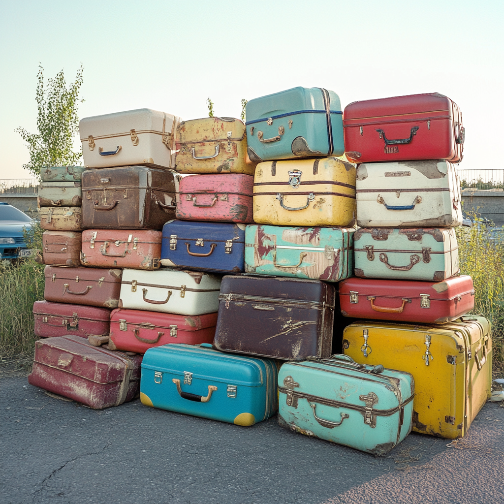 Vibrant suitcases at border checkpoint with happy travelers.