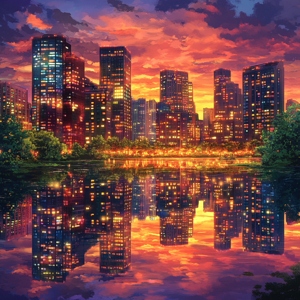 Vibrant sunset city with buildings and twinkling lights