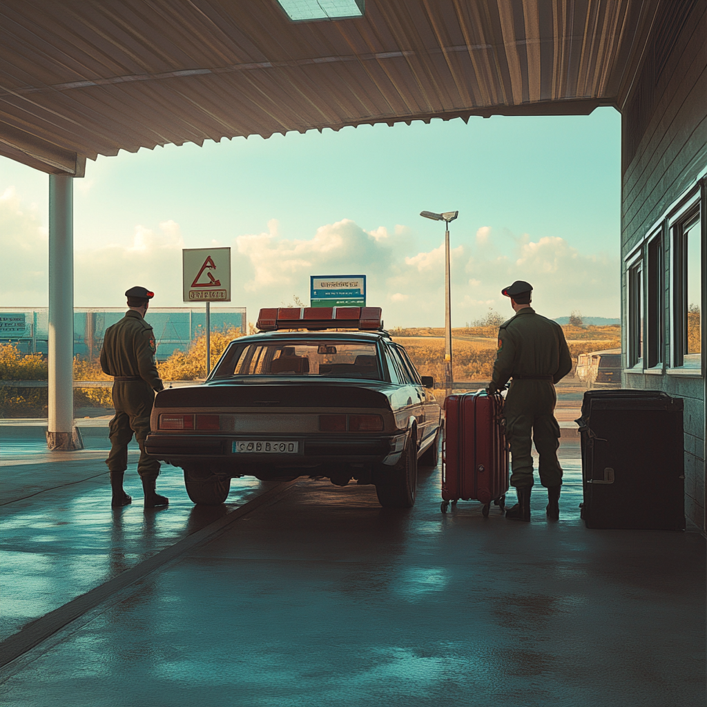 Vibrant travel scene with border guards checking car luggage.