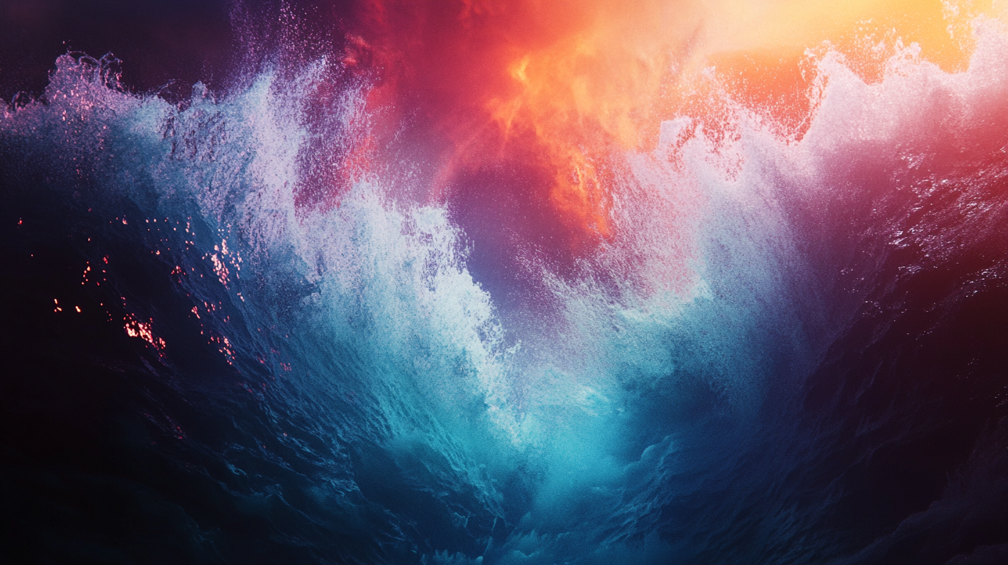 Vibrant underwater wave crashes with colorful lighting