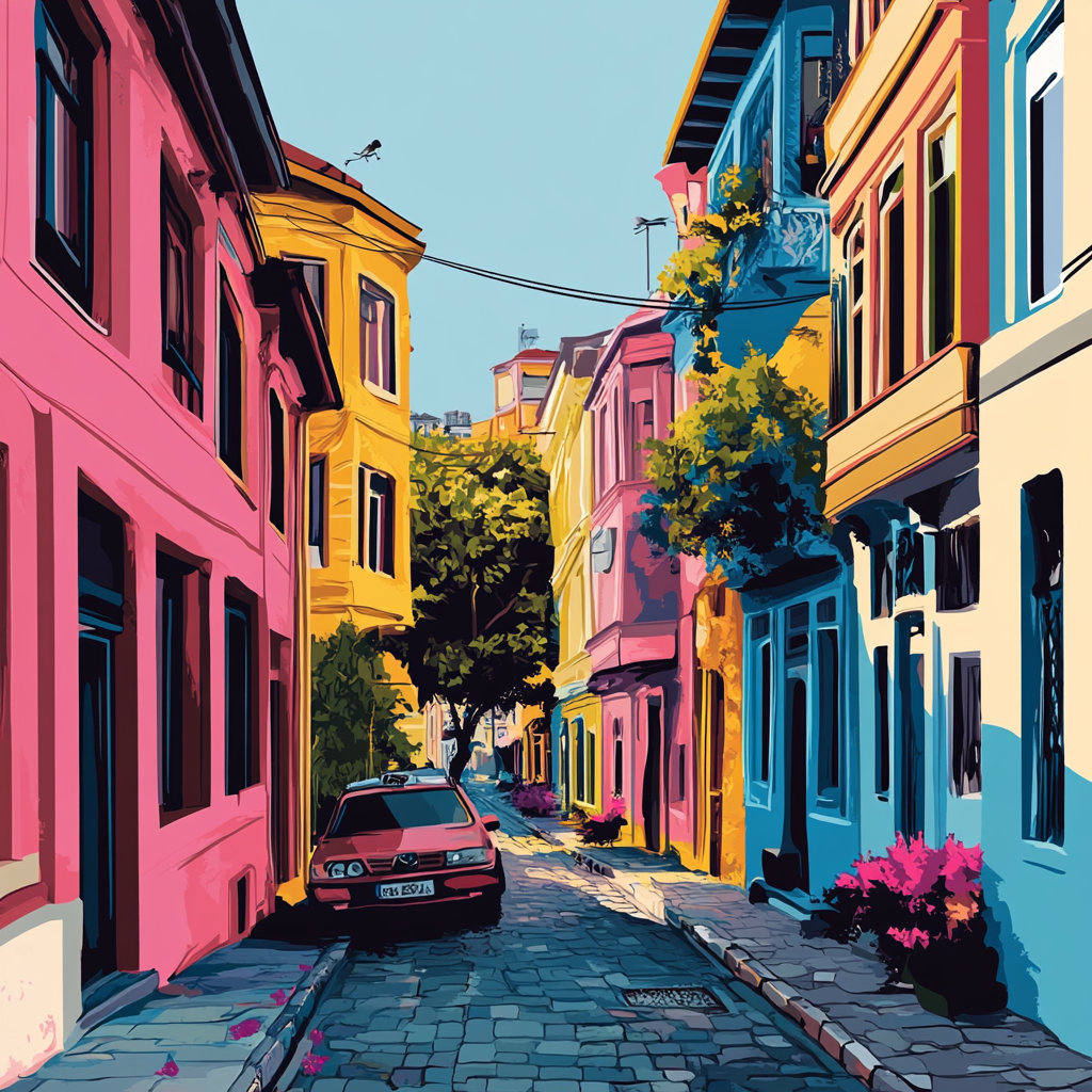 Vibrant wallpaper of Karakoy streets with Turkish elements.