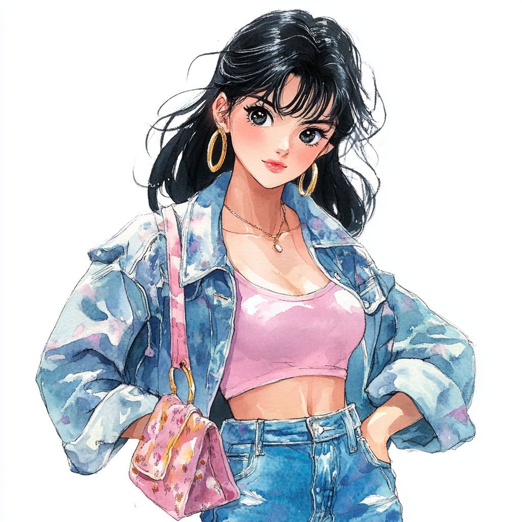 Vibrant watercolor anime girl in retro 90s fashion illustration.