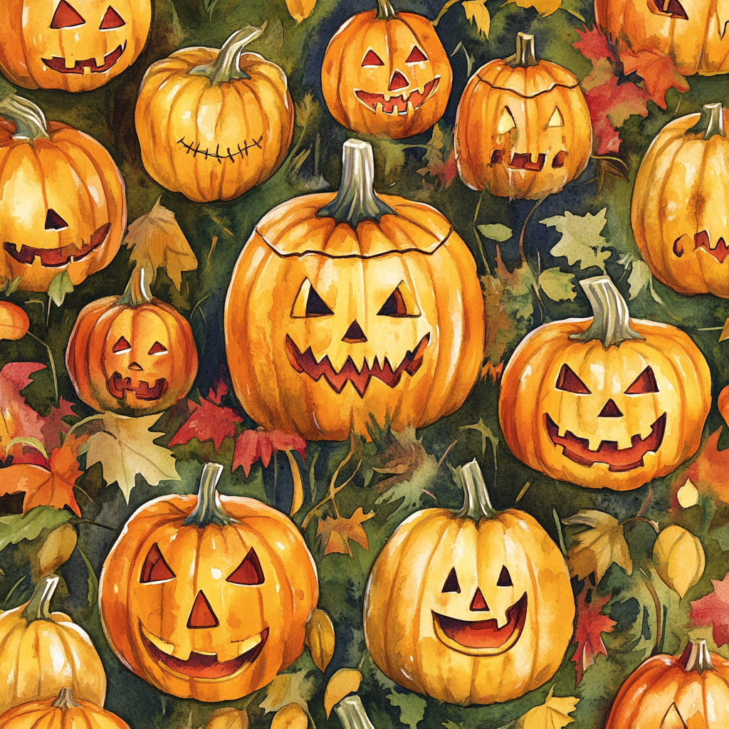 Vibrant watercolor pattern of whimsical pumpkin patch with Jack-o'-lanterns.